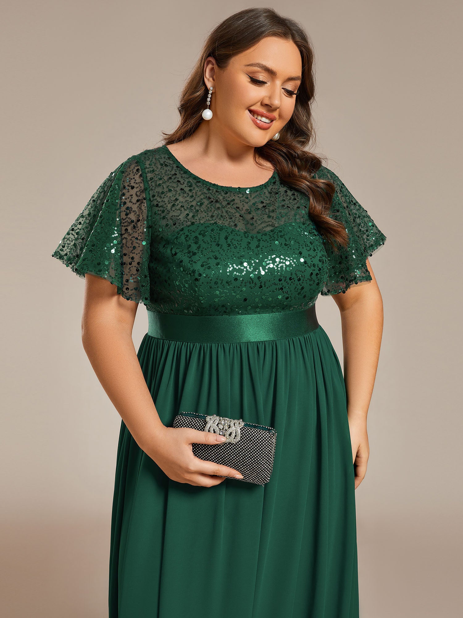 Robe de soirée à manches courtes et col rond à sequins taille haute de grande taille #Couleur_Vert Fonce