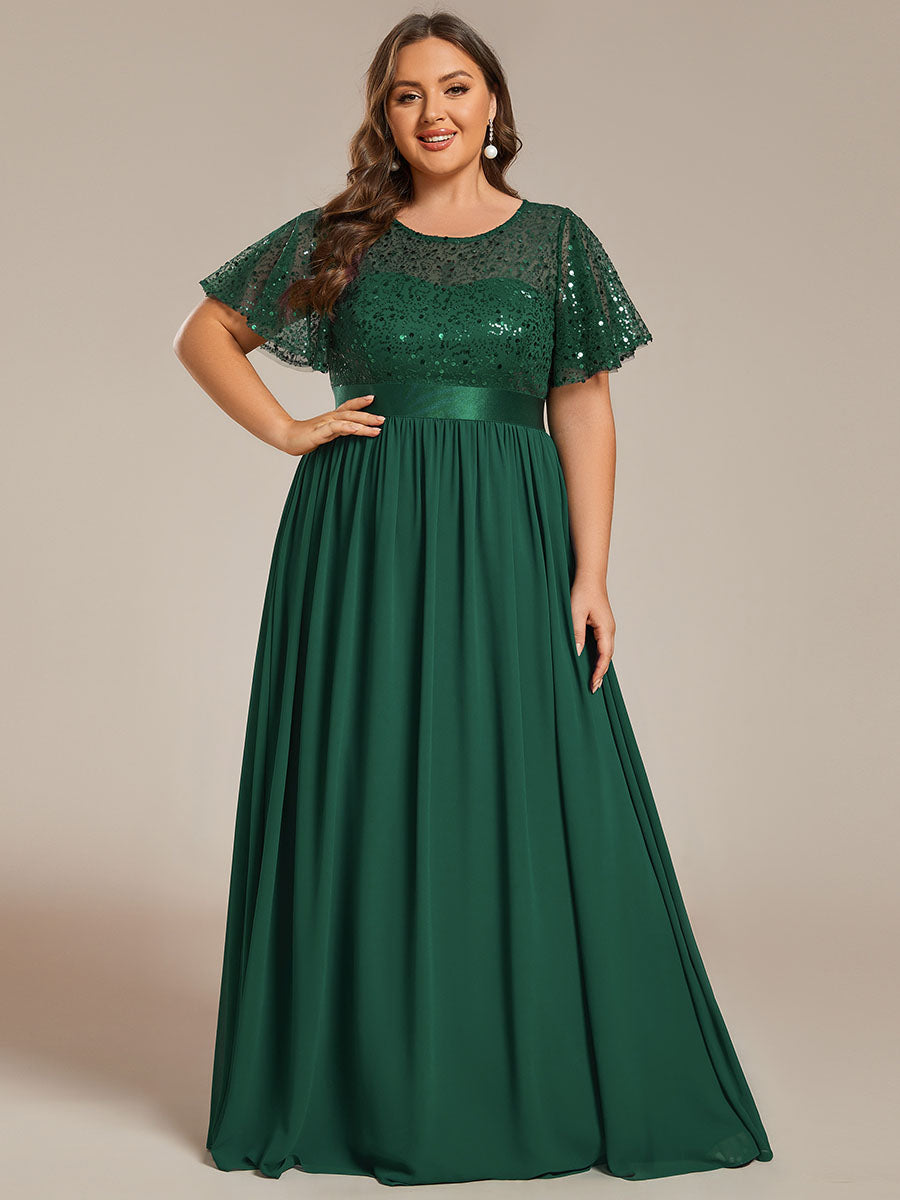 Robe de soirée à manches courtes et col rond à sequins taille haute de grande taille #Couleur_Vert Fonce