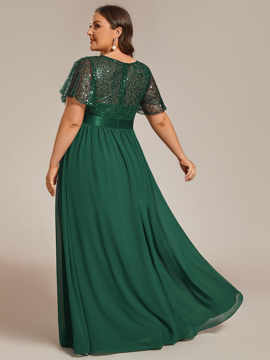 Robe de soirée à manches courtes et col rond à sequins taille haute de grande taille #Couleur_Vert Fonce