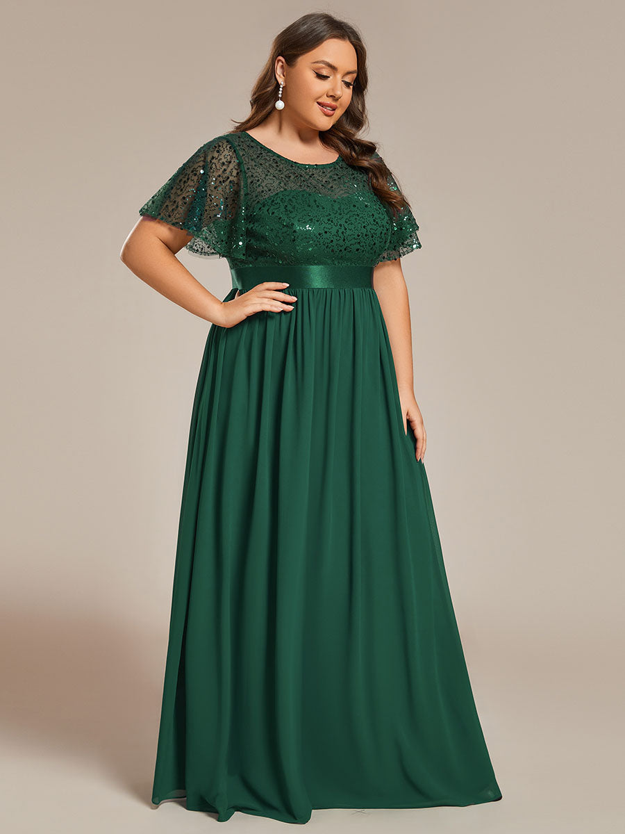 Robe de soirée à manches courtes et col rond à sequins taille haute de grande taille #Couleur_Vert Fonce