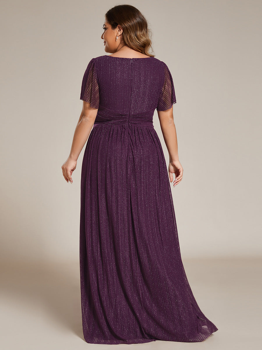 Robe de soirée formelle scintillante à manches courtes et col en V #Couleur_Glycine violette