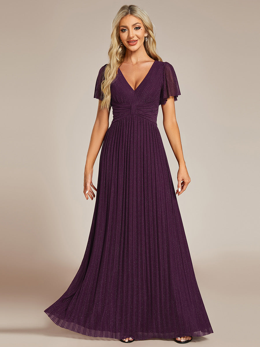 Robe de soirée formelle scintillante à manches courtes et col en V #Couleur_Glycine violette