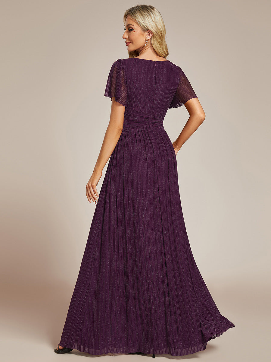 Robe de soirée formelle scintillante à manches courtes et col en V #Couleur_Glycine violette