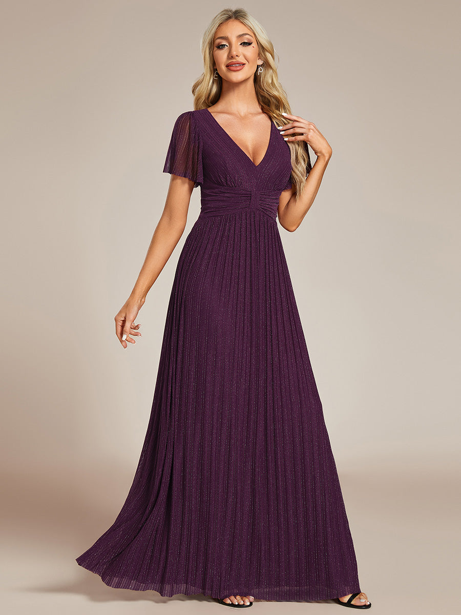 Robe de soirée formelle scintillante à manches courtes et col en V #Couleur_Glycine violette