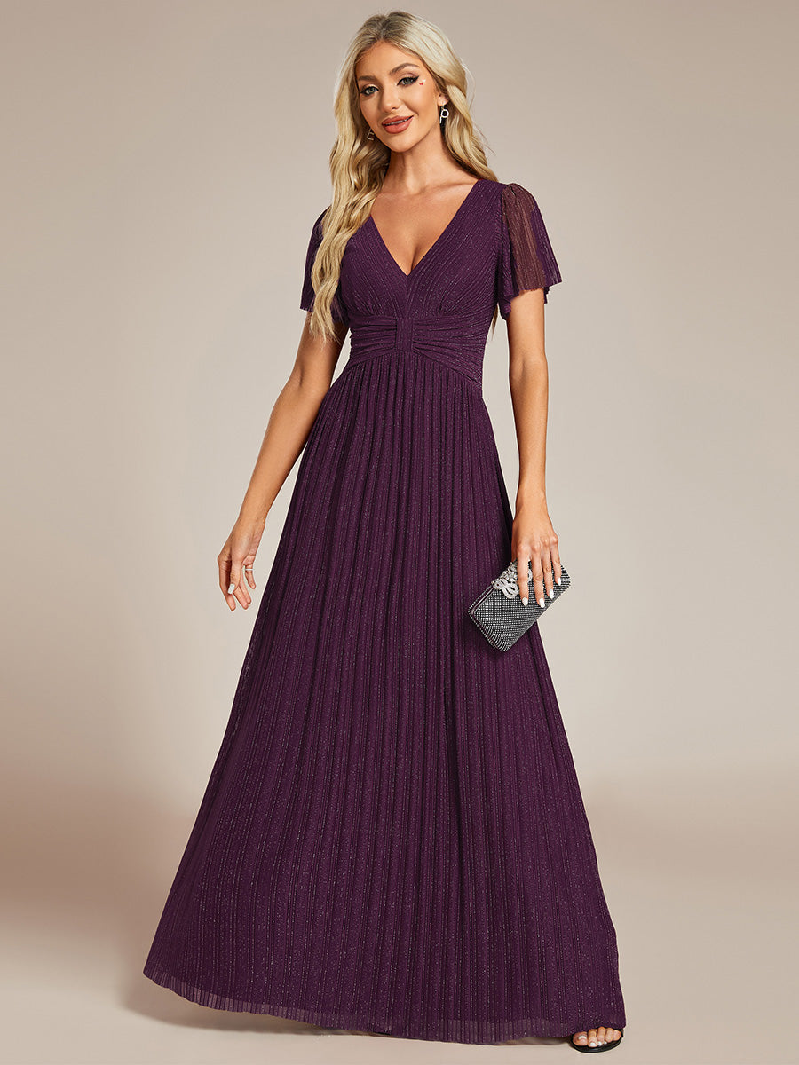 Robe de soirée formelle scintillante à manches courtes et col en V #Couleur_Glycine violette