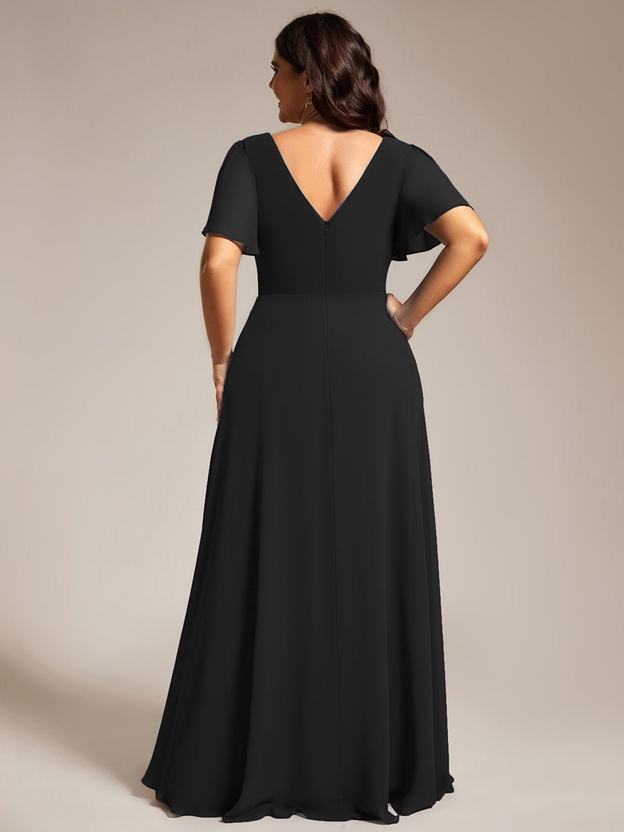 Robe de soirée plissée trapèze en mousseline de soie manches courtes et taille à sequins #Couleur_Noir