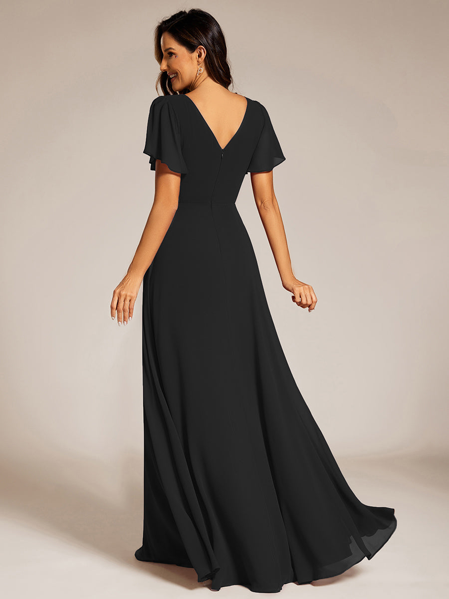 Robe de soirée plissée trapèze en mousseline de soie manches courtes et taille à sequins #Couleur_Noir