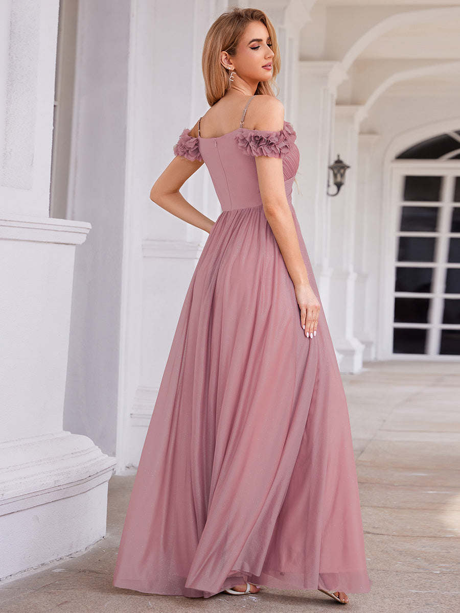 Robe de soirée plissée étincelante à col en V et épaules dénudées avec détails floraux #Couleur_Orchidee