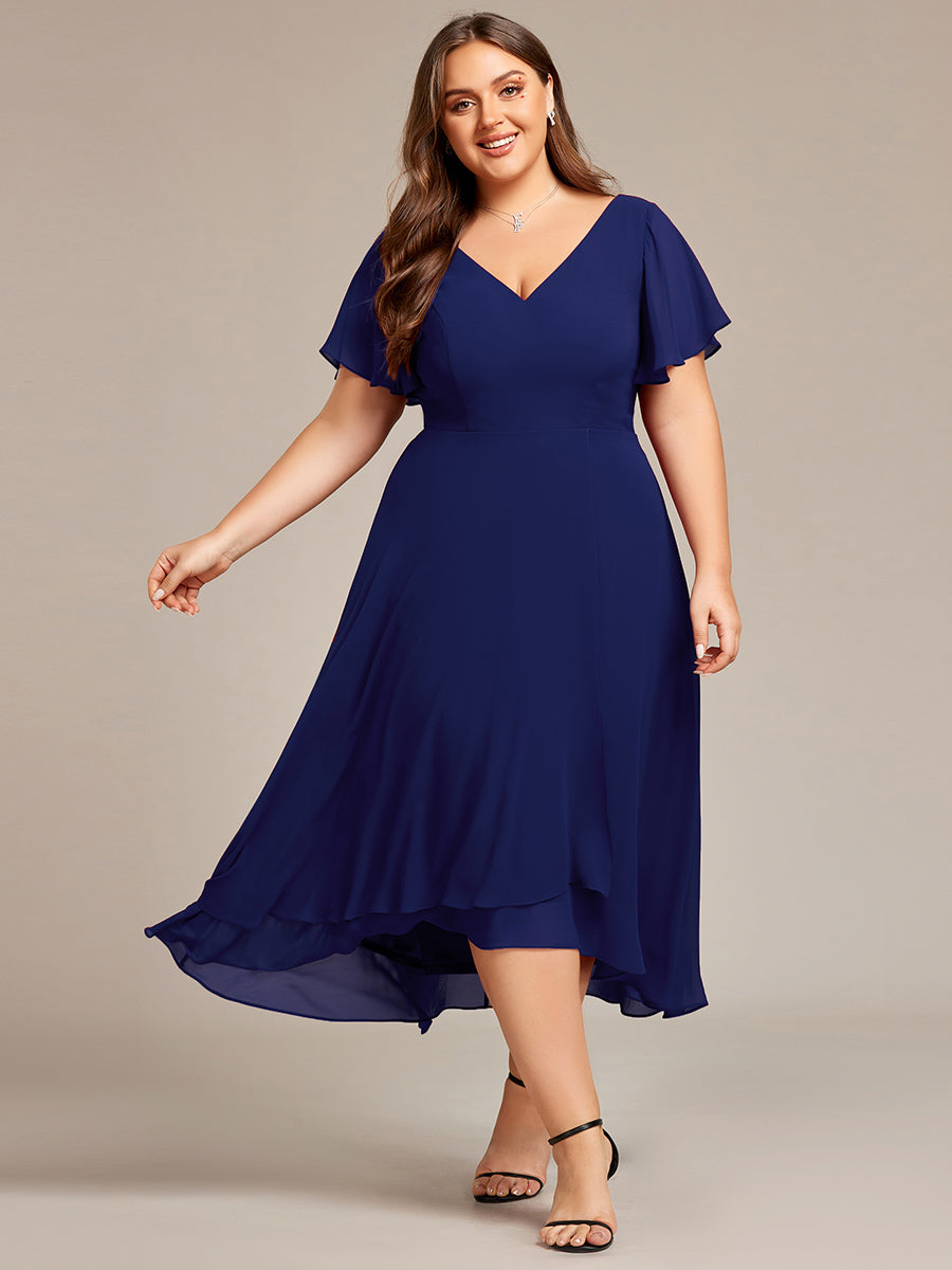 Robe d'invité de mariage en mousseline de soie grande taille avec col en V et manches à volants #Couleur_Bleu Marine