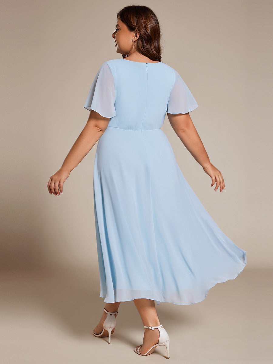 Robe D'invité De Mariage En Mousseline De Soie Mi-Longue Plissée à Manches à Volants Et Col En V #Couleur_Bleu Ciel