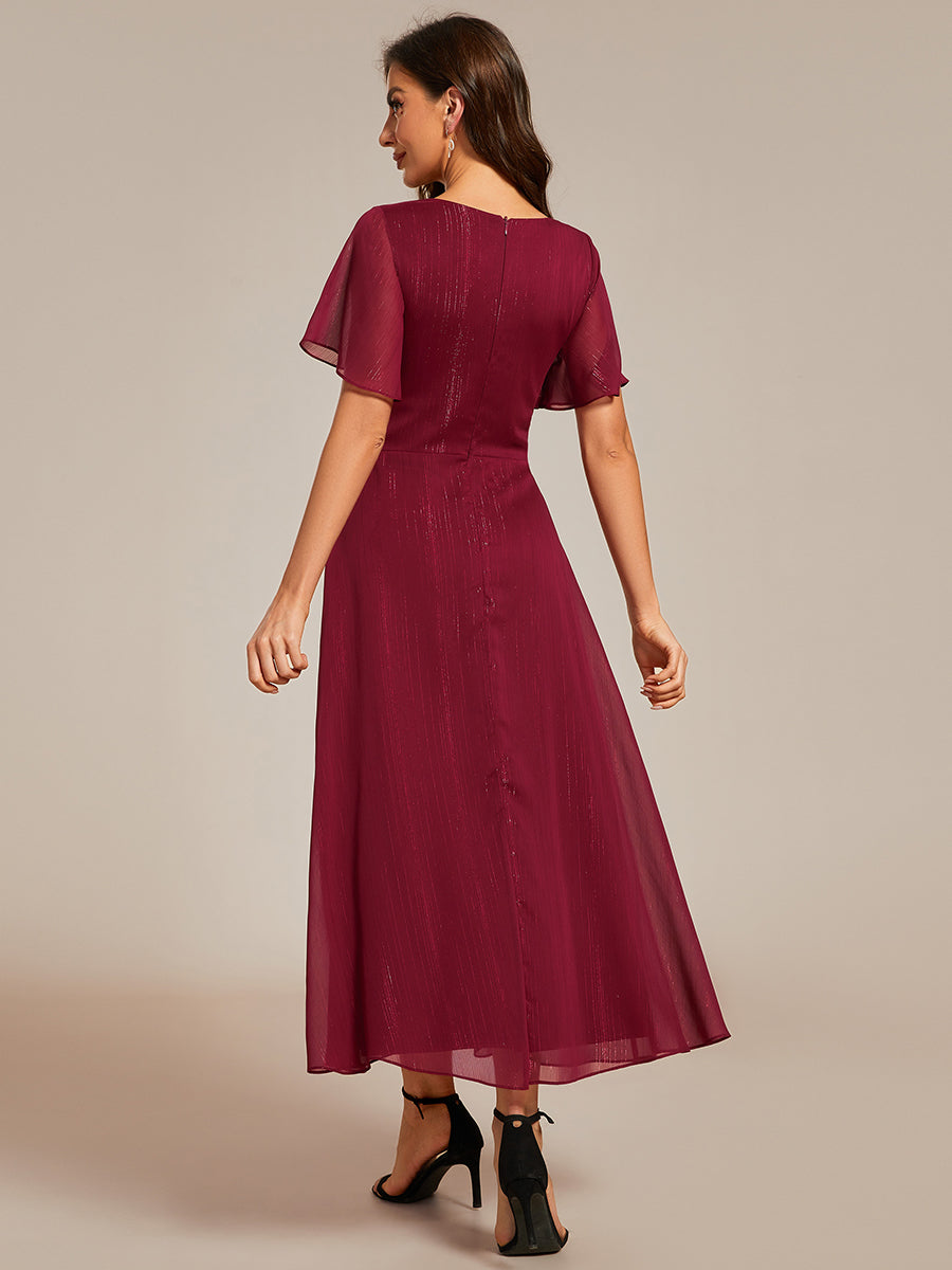 Robe d'invité de mariage mi-longue trapèze à manches courtes et paillettes avec ourlet à volants #Couleur_Bordeaux