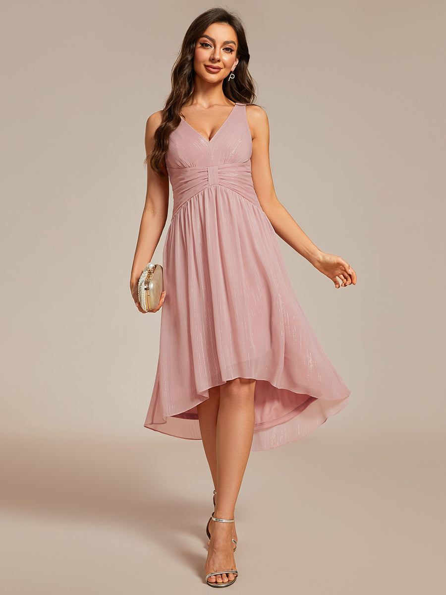 Robe d'invité de mariage plissée sans manches à taille haute et basse à paillettes #Couleur_Rose Fumee