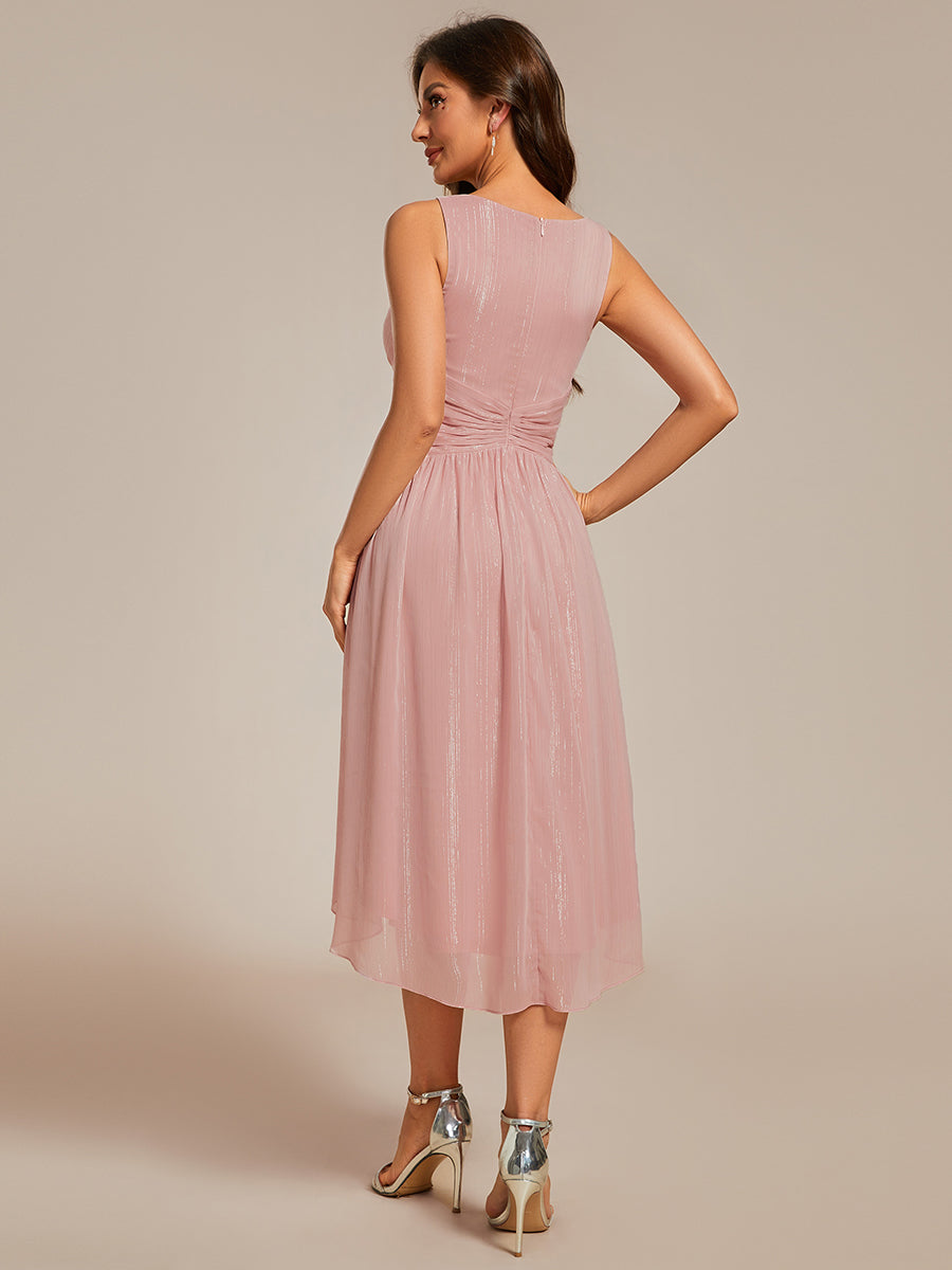 Robe d'invité de mariage plissée sans manches à taille haute et basse à paillettes #Couleur_Rose Fumee