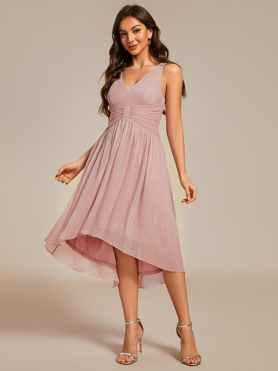 Robe d'invité de mariage plissée sans manches à taille haute et basse à paillettes #Couleur_Rose Fumee