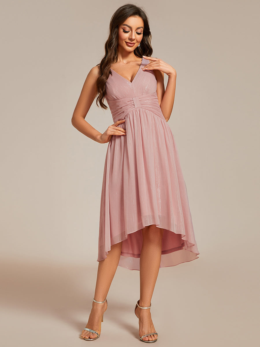 Robe d'invité de mariage plissée sans manches à taille haute et basse à paillettes #Couleur_Rose Fumee