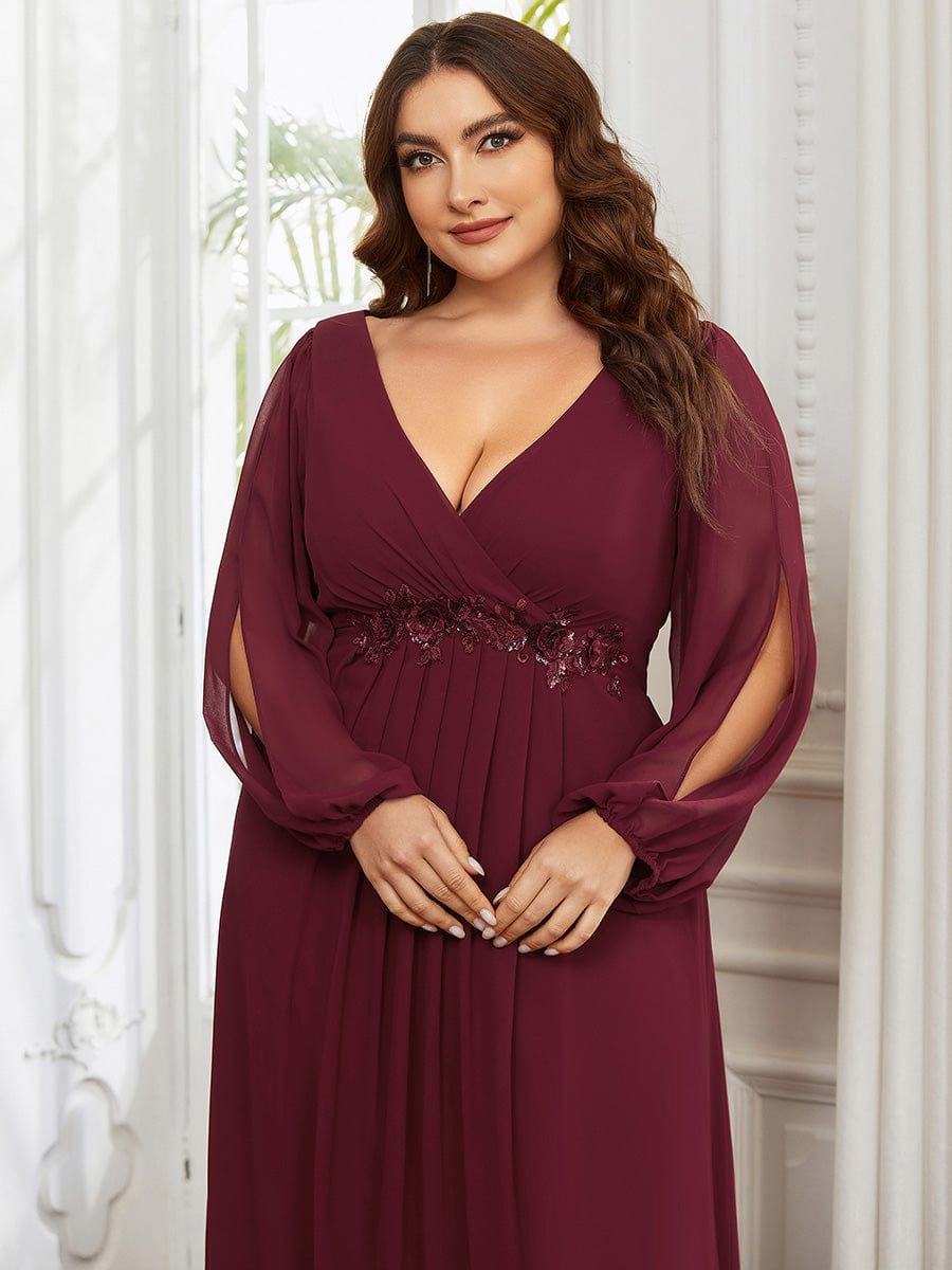 Robe de Soiree Longue Elegante Avec Lanterne en V Profond a Manches Fendues et Appliques #Couleur_Bordeaux