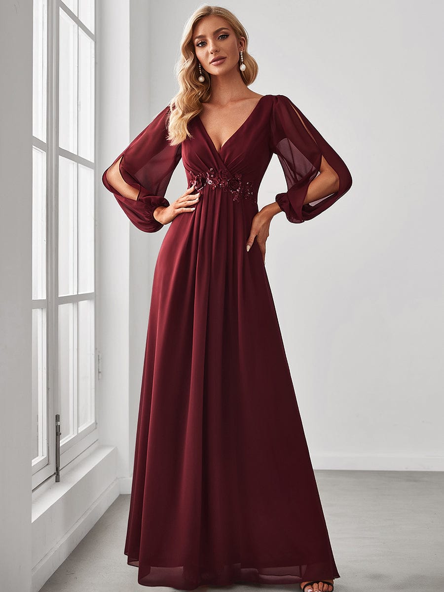 Robe mariage invitée Longue Elegante Avec Lanterne en V Profond #Couleur_Bordeaux