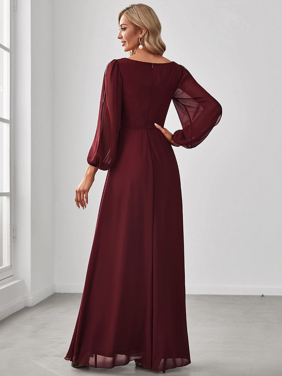 Robe de Soiree Longue Elegante Avec Lanterne en V Profond a Manches Fendues et Appliques #Couleur_Bordeaux