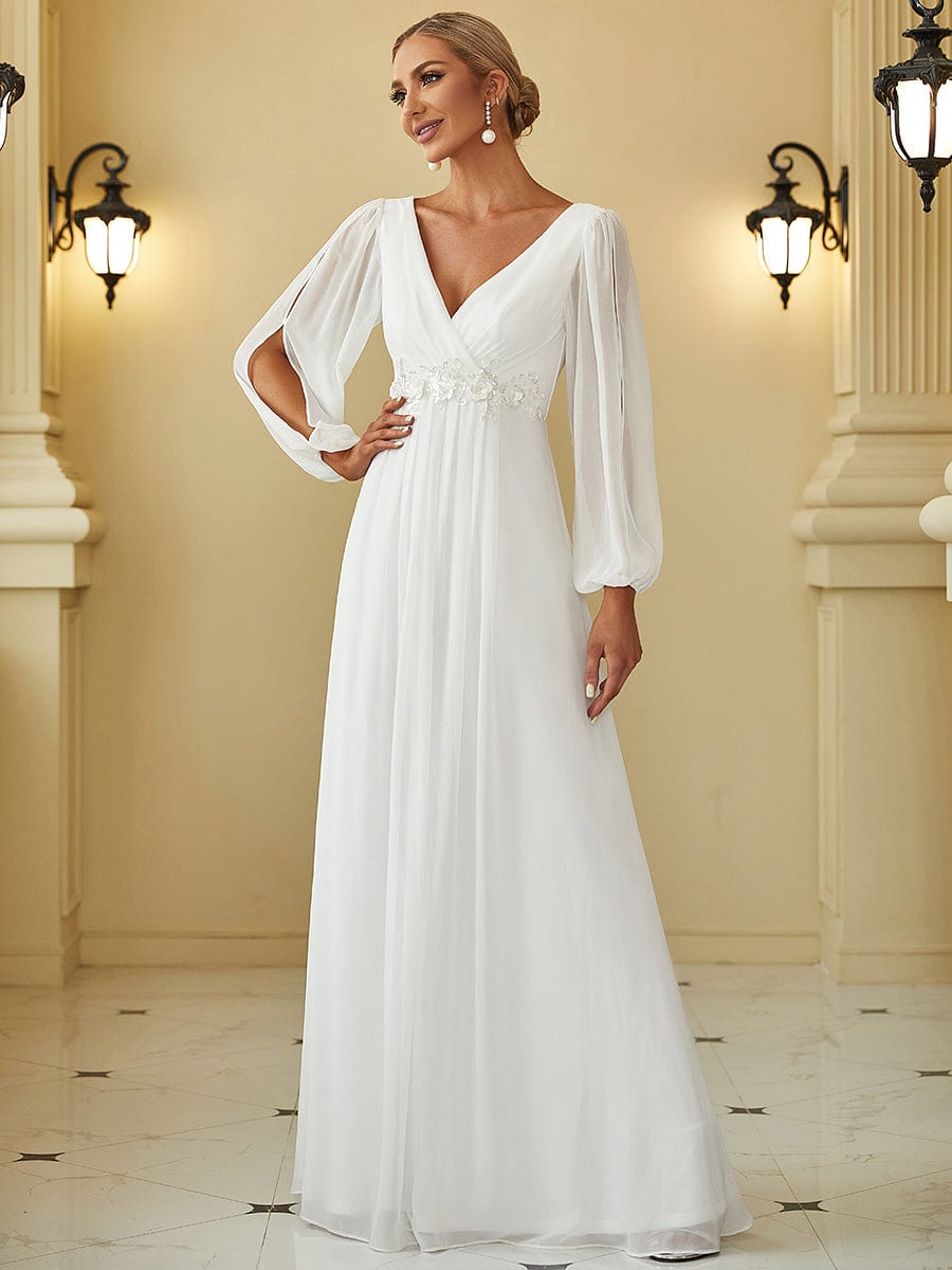 Robe de Soiree Longue Elegante Avec Lanterne en V Profond a Manches Fendues et Appliques #Couleur_Creme