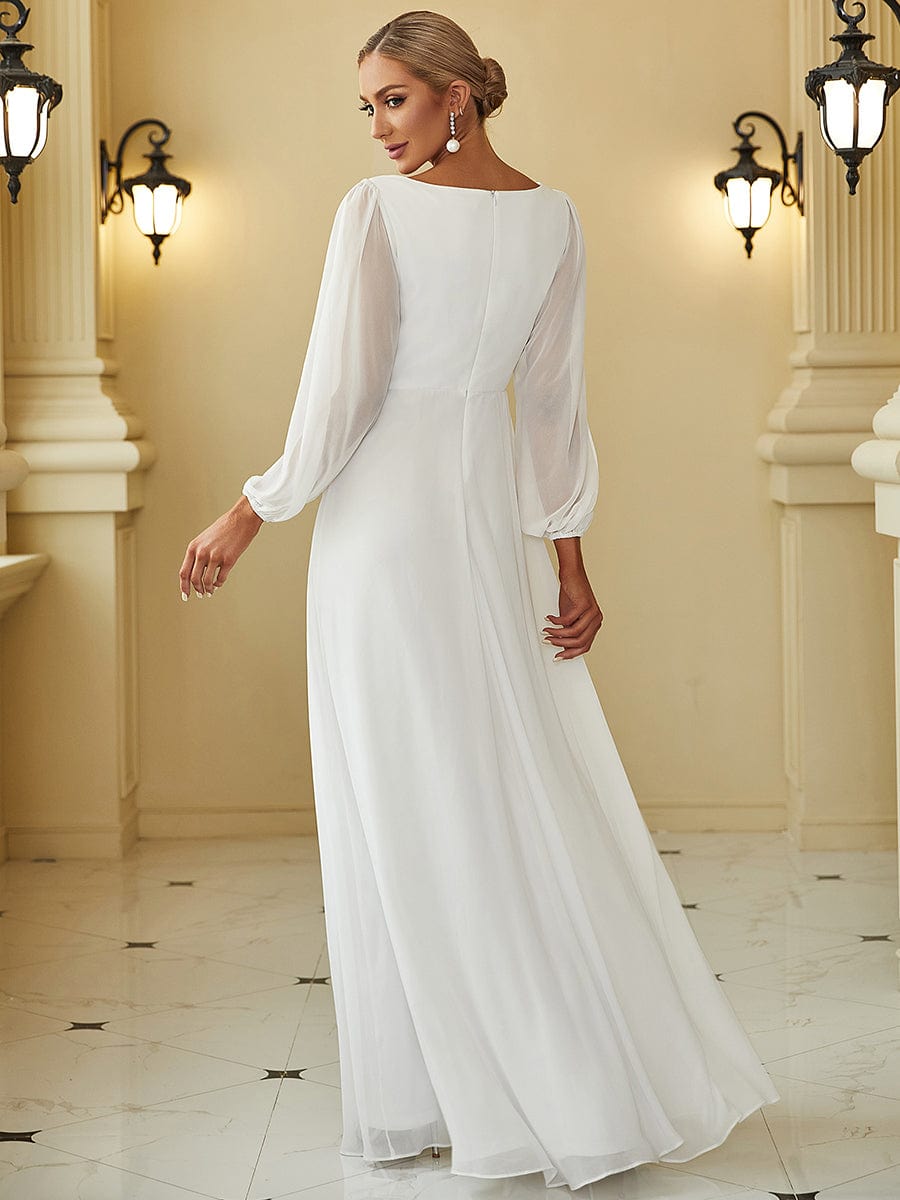 Robe de Soiree Longue Elegante Avec Lanterne en V Profond a Manches Fendues et Appliques #Couleur_Creme