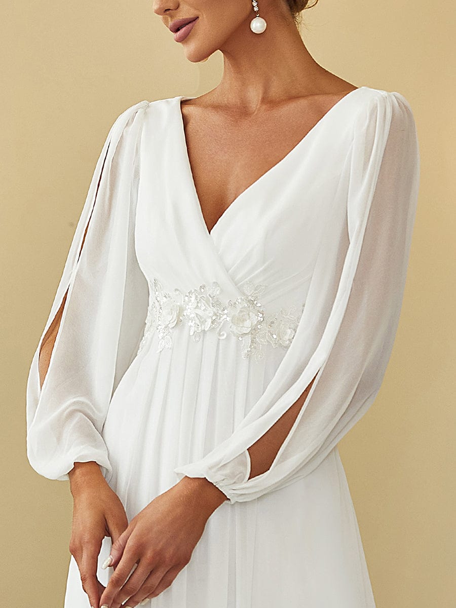 Robe de Soiree Longue Elegante Avec Lanterne en V Profond a Manches Fendues et Appliques #Couleur_Creme