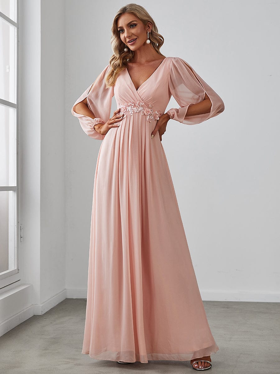 Robe de Soiree Longue Elegante Avec Lanterne en V Profond a Manches Fendues et Appliques #Couleur_Rose