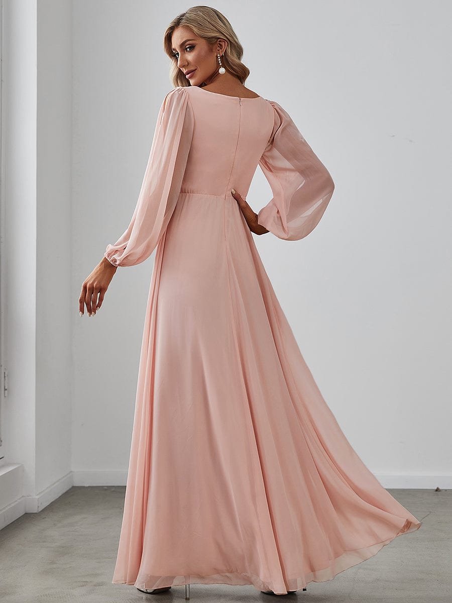 Robe de Soiree Longue Elegante Avec Lanterne en V Profond a Manches Fendues et Appliques #Couleur_Rose