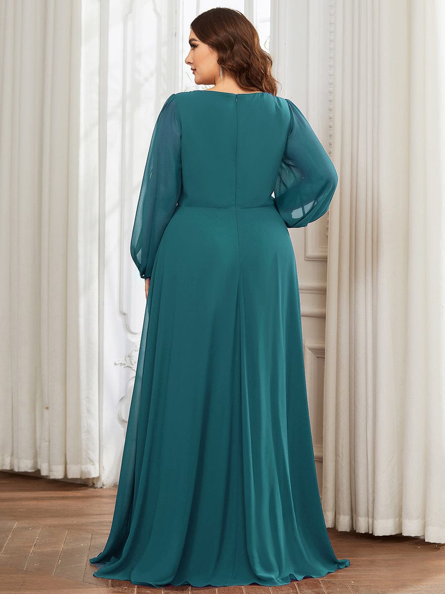 Robe de Soiree Longue Elegante Avec Lanterne en V Profond a Manches Fendues et Appliques #Couleur_Bleu Sarcelle