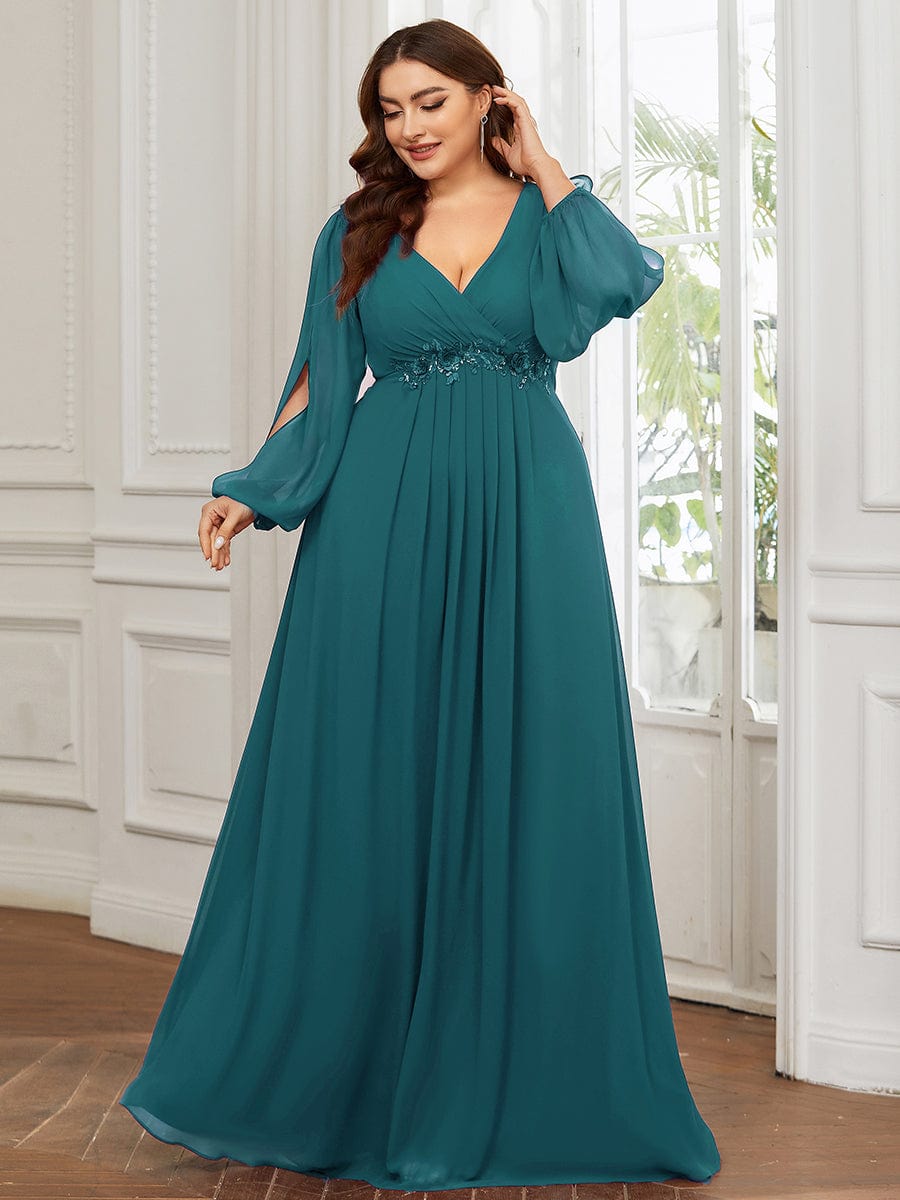 Robe de Soiree Longue Elegante Avec Lanterne en V Profond a Manches Fendues et Appliques #Couleur_Bleu Sarcelle