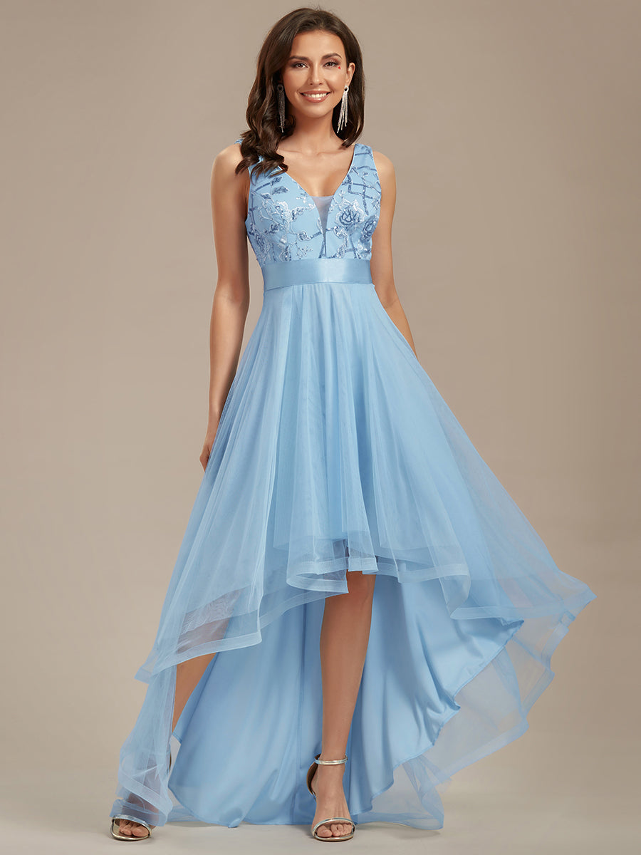 Robes de soirée en Tulle à Paillettes High Low Asymétrique #Couleur_Bleu Ciel