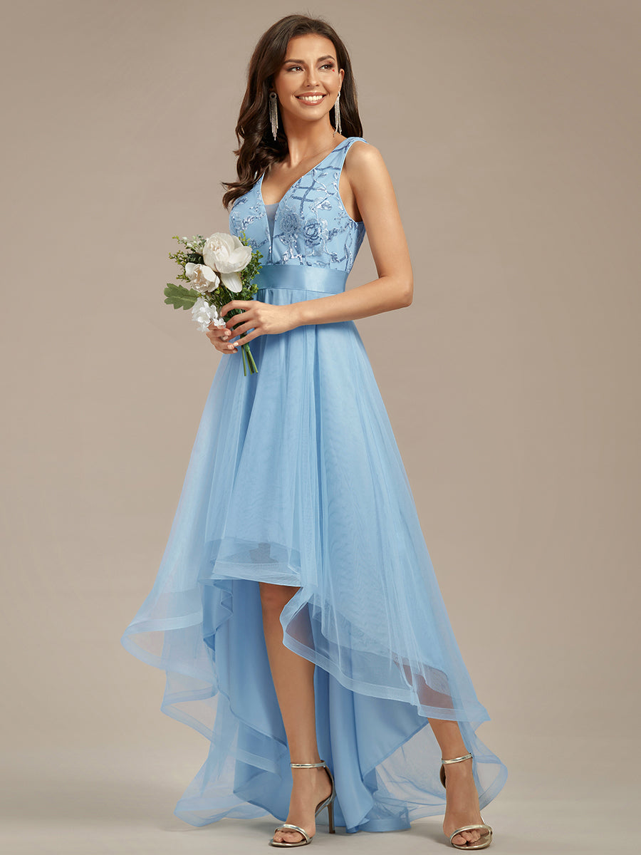 Robes de soirée en Tulle à Paillettes High Low Asymétrique #Couleur_Bleu Ciel