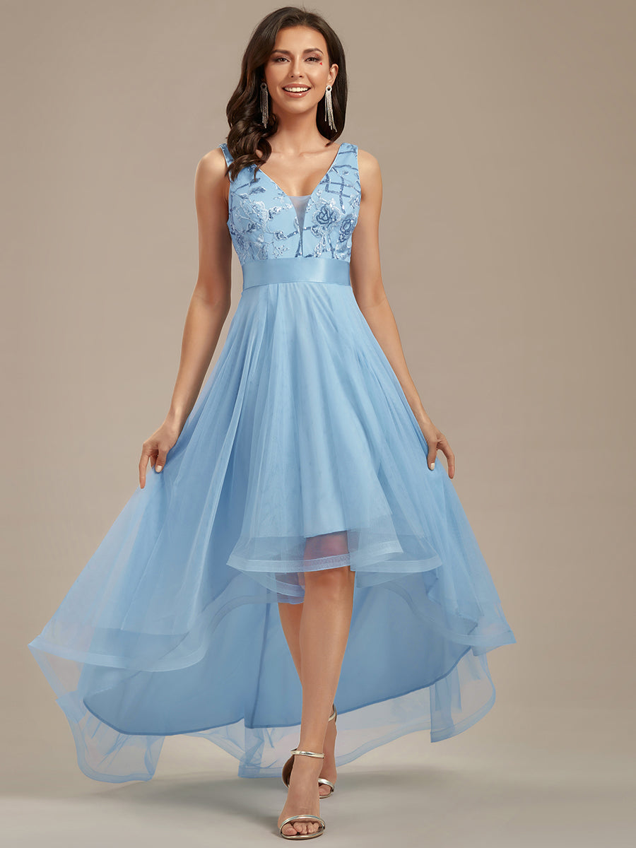 Robes de soirée en Tulle à Paillettes High Low Asymétrique #Couleur_Bleu Ciel