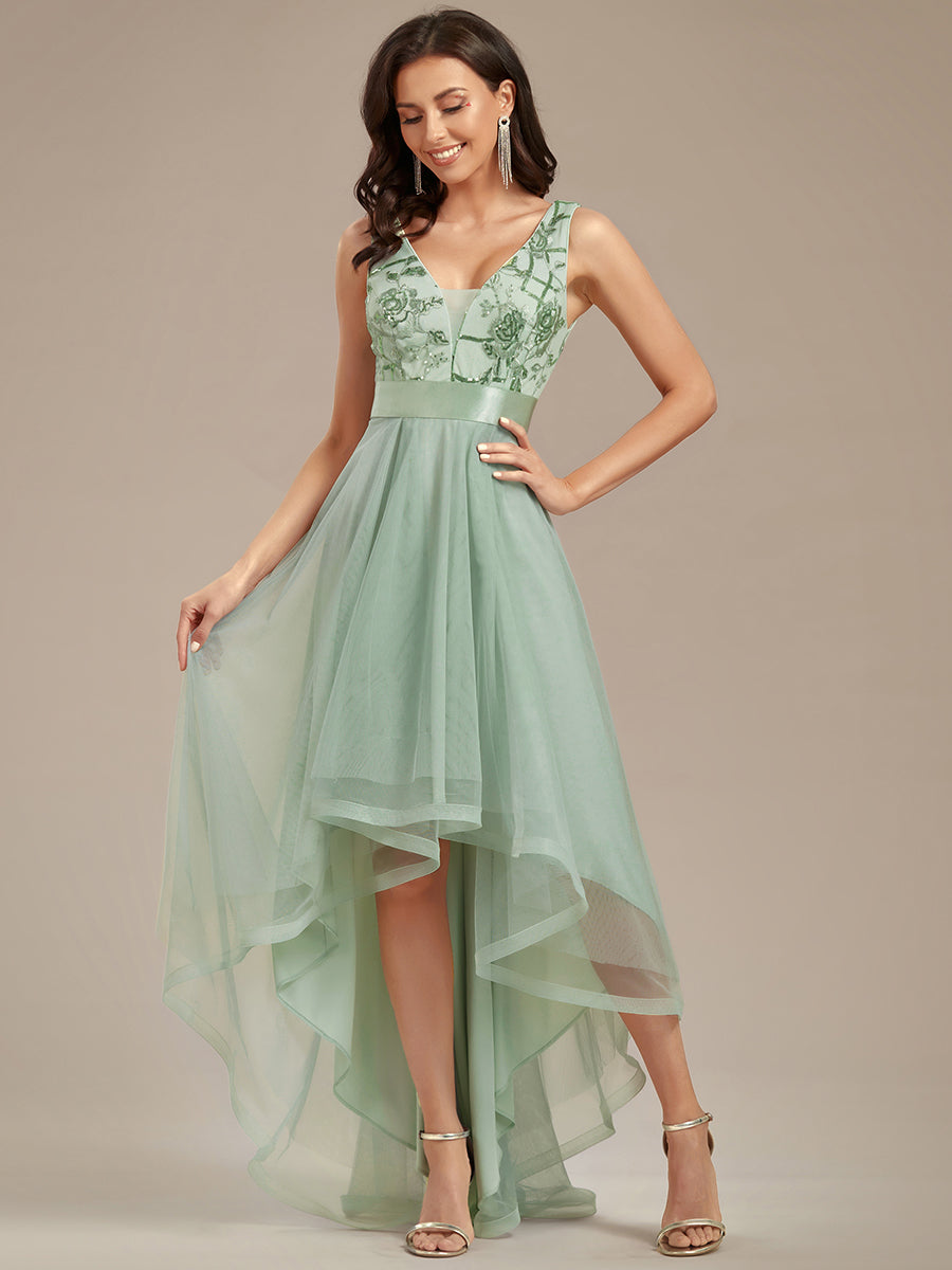 Robes de soirée en Tulle à Paillettes High Low Asymétrique #Couleur_Menthe Verte