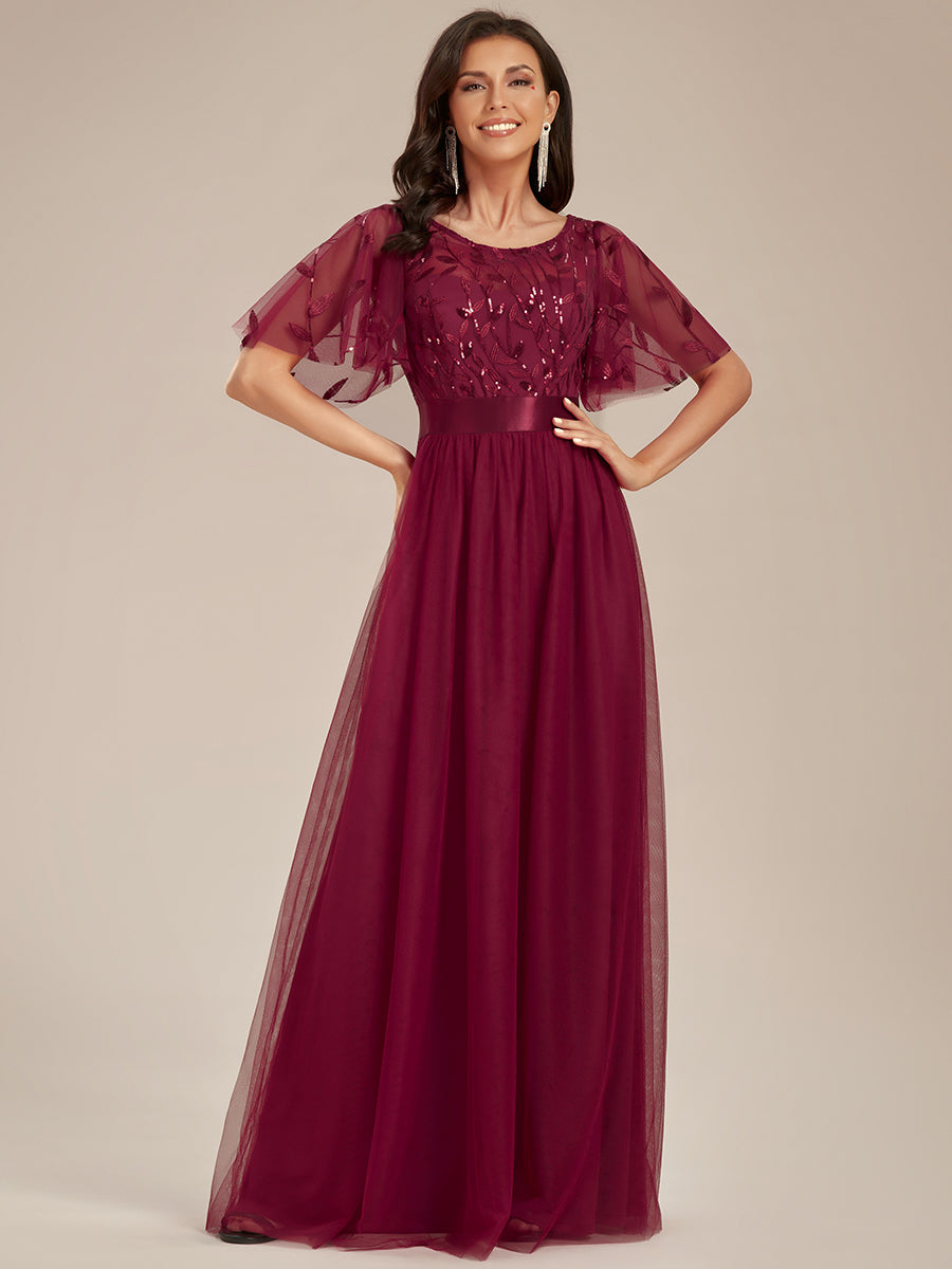 Robe de demoiselle d'honneur Brodées à manches courtes en ligne A pour femmes #Couleur_Bordeaux