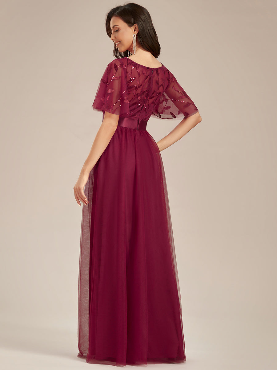 Robe de demoiselle d'honneur Brodées à manches courtes en ligne A pour femmes #Couleur_Bordeaux