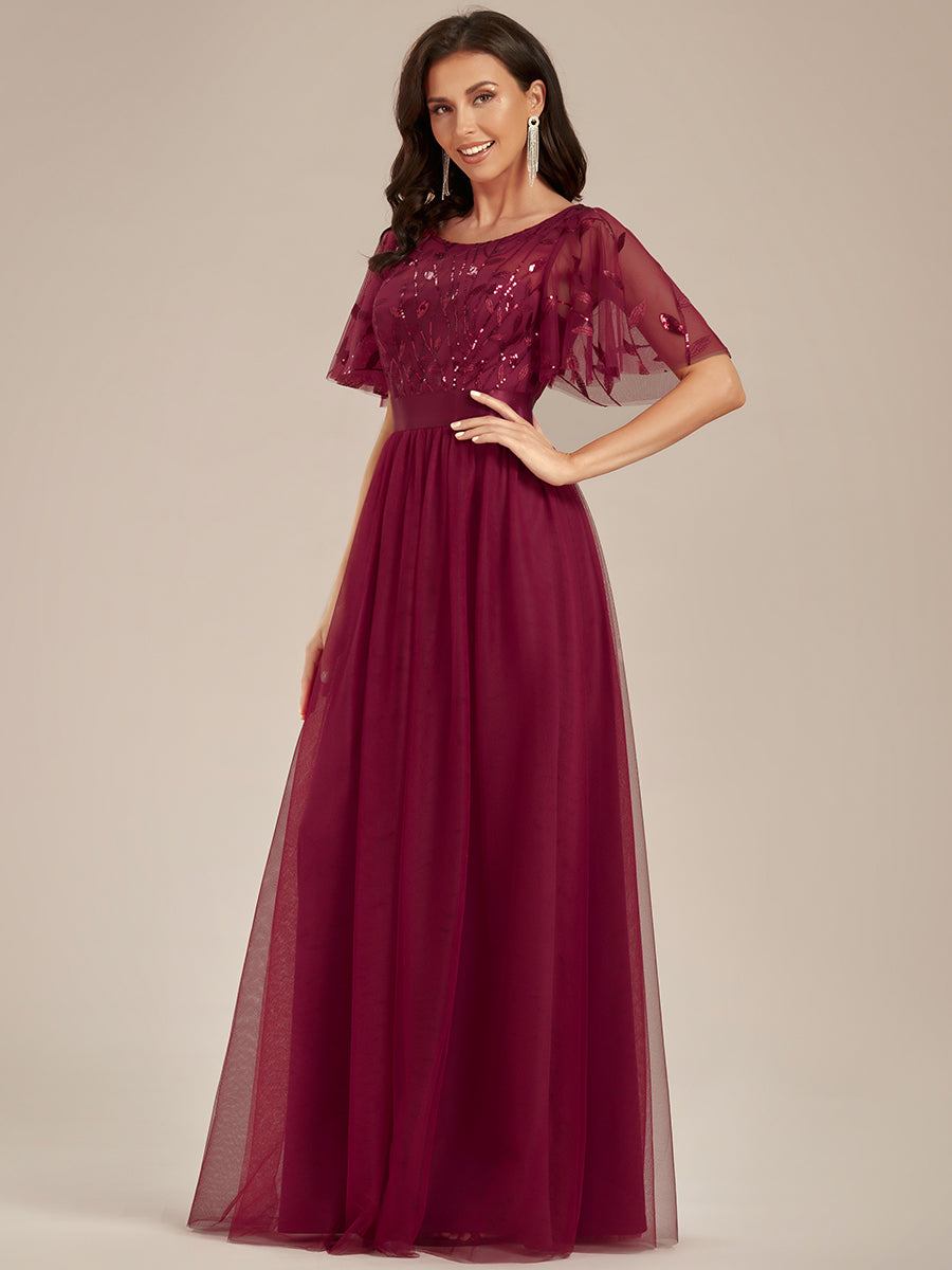 Robe de demoiselle d'honneur Brodées à manches courtes en ligne A pour femmes #Couleur_Bordeaux