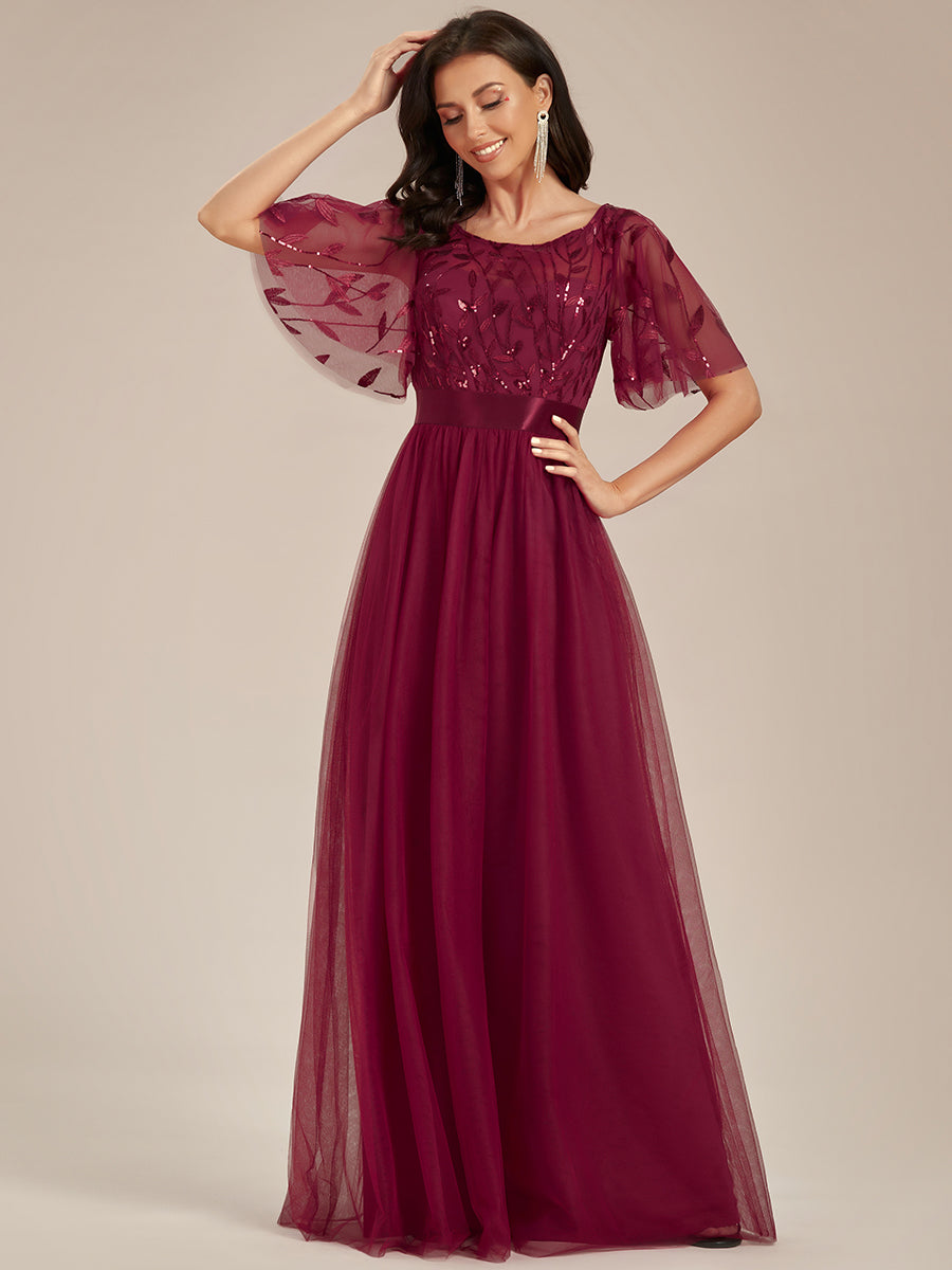 Robe de demoiselle d'honneur Brodées à manches courtes en ligne A pour femmes #Couleur_Bordeaux