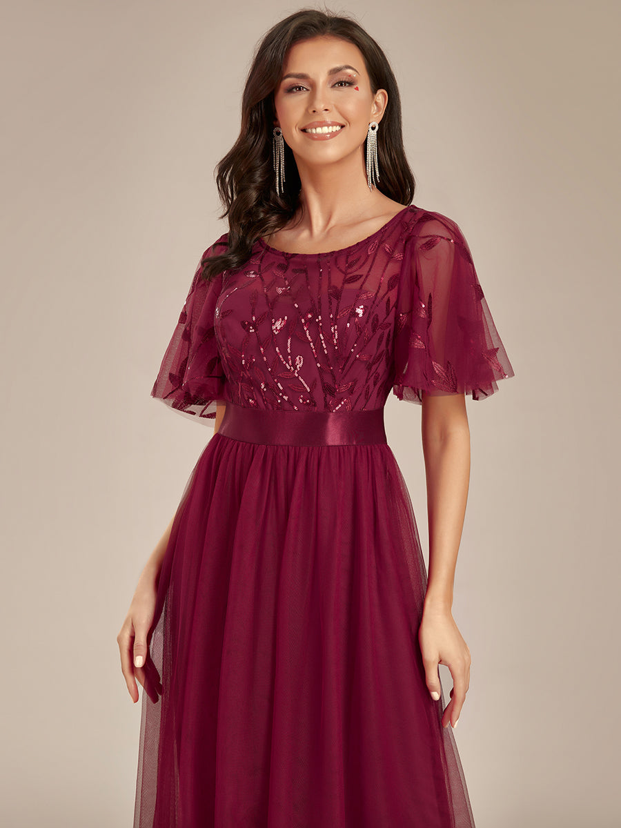 Robe de demoiselle d'honneur Brodées à manches courtes en ligne A pour femmes #Couleur_Bordeaux