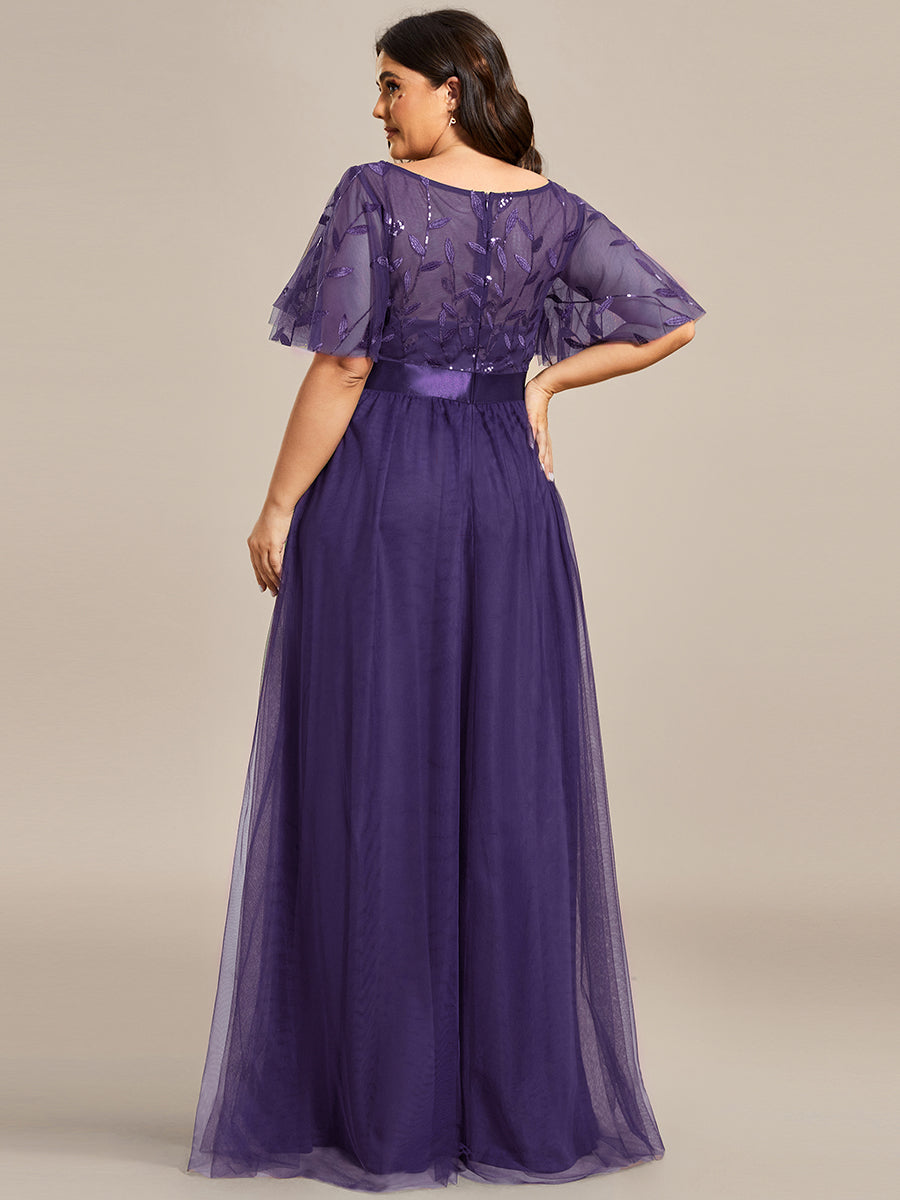 Robe de demoiselle d'honneur Brodées à manches courtes en ligne A pour femmes #Couleur_Violet Fonce