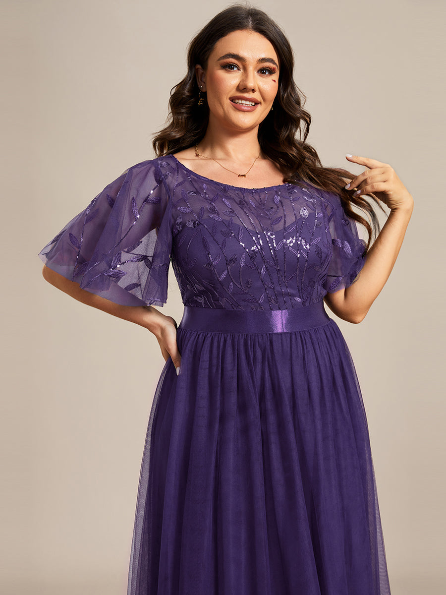 Robe de demoiselle d'honneur Brodées à manches courtes en ligne A pour femmes #Couleur_Violet Fonce