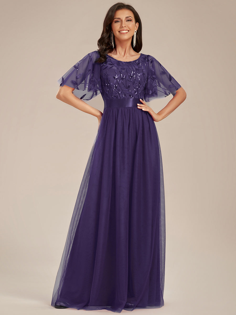 Robe de demoiselle d'honneur Brodées à manches courtes en ligne A pour femmes #Couleur_Violet Fonce