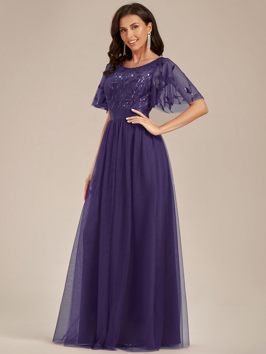 Robe de demoiselle d'honneur Brodées à manches courtes en ligne A pour femmes #Couleur_Violet Fonce