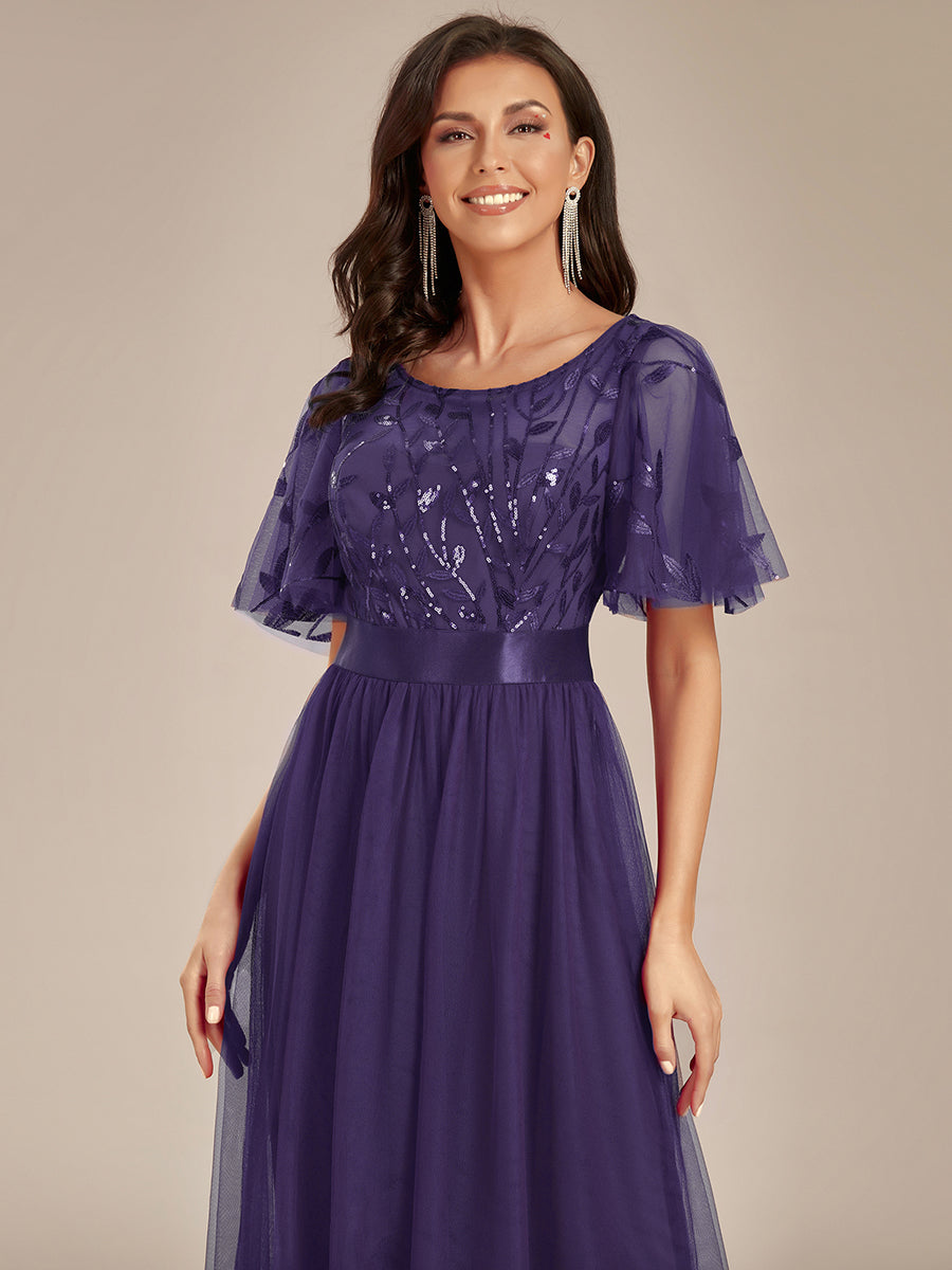 Robe de demoiselle d'honneur Brodées à manches courtes en ligne A pour femmes #Couleur_Violet Fonce