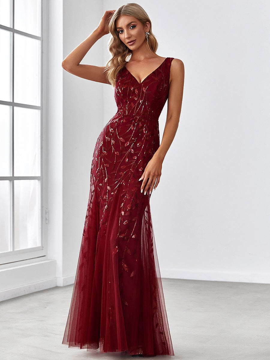 Robe de soirée Longue Sexy en sequins col en V pour femmes #Couleur_Bordeaux