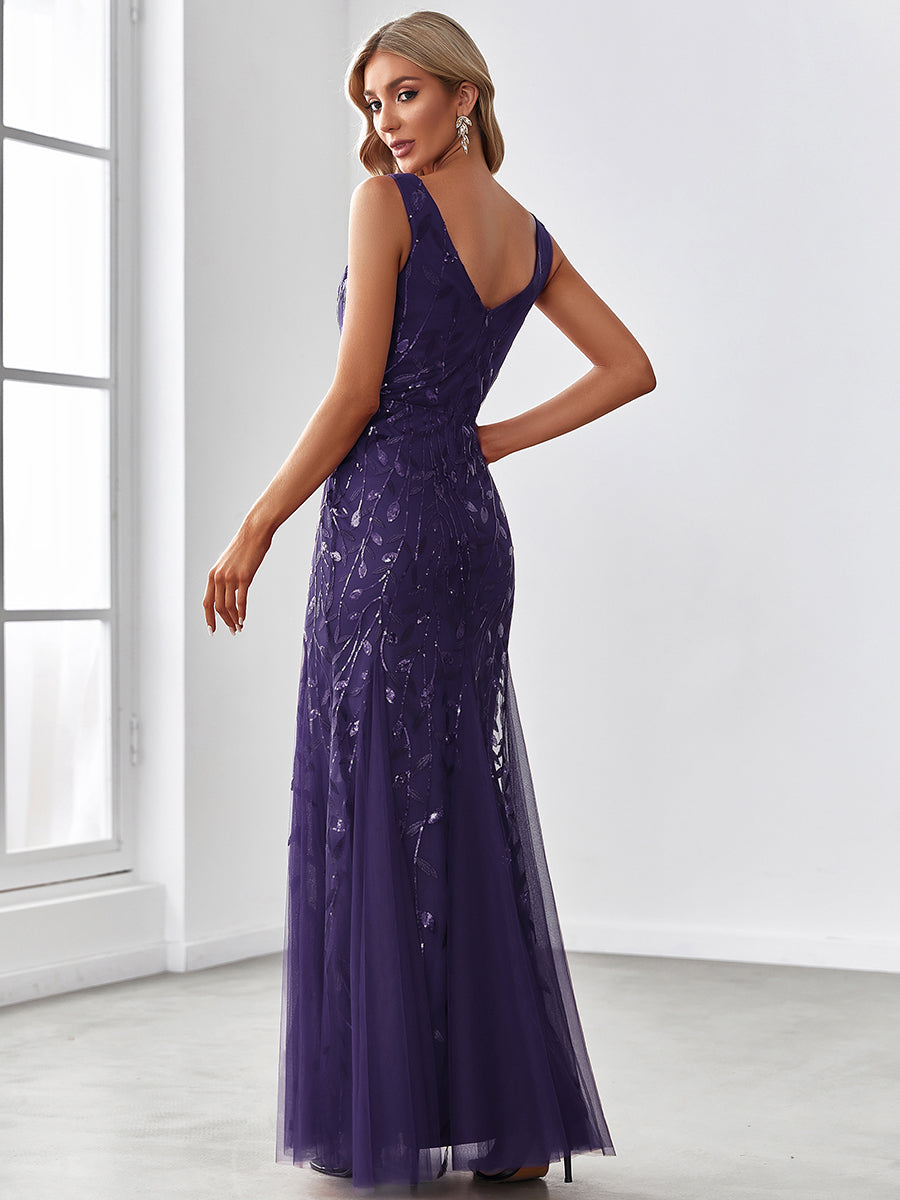 Robe de soirée Longue Sexy en sequins col en V pour femmes #Couleur_Violet Fonce