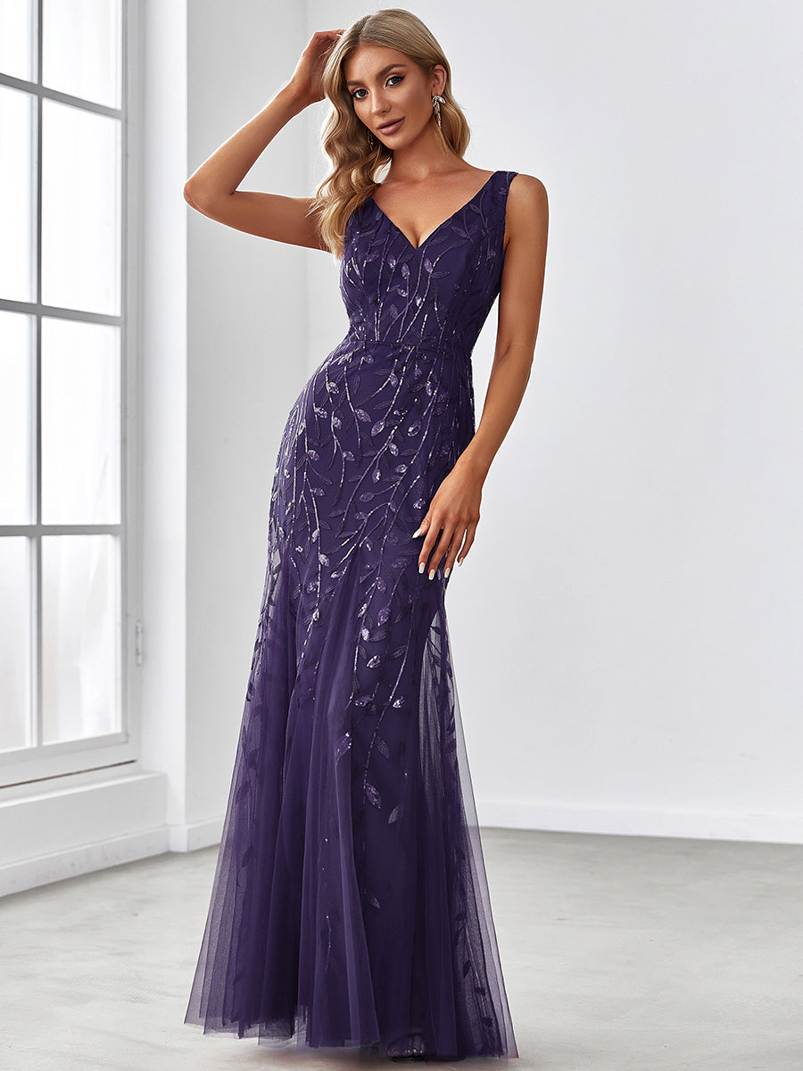 Robe de soirée Longue Sexy en sequins col en V pour femmes #Couleur_Violet Fonce