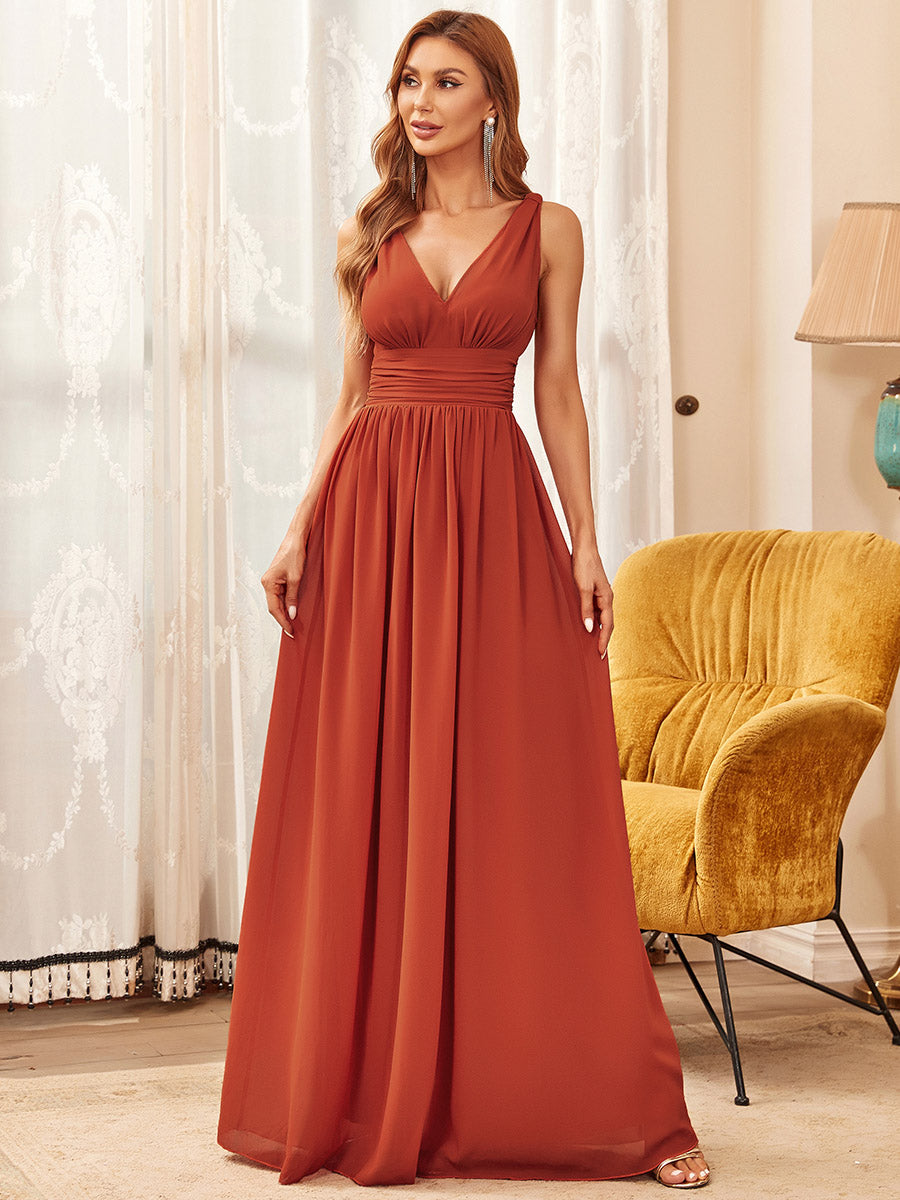 Col V sans manches plissé chiffon robe de soirée #Couleur_Burnt orange