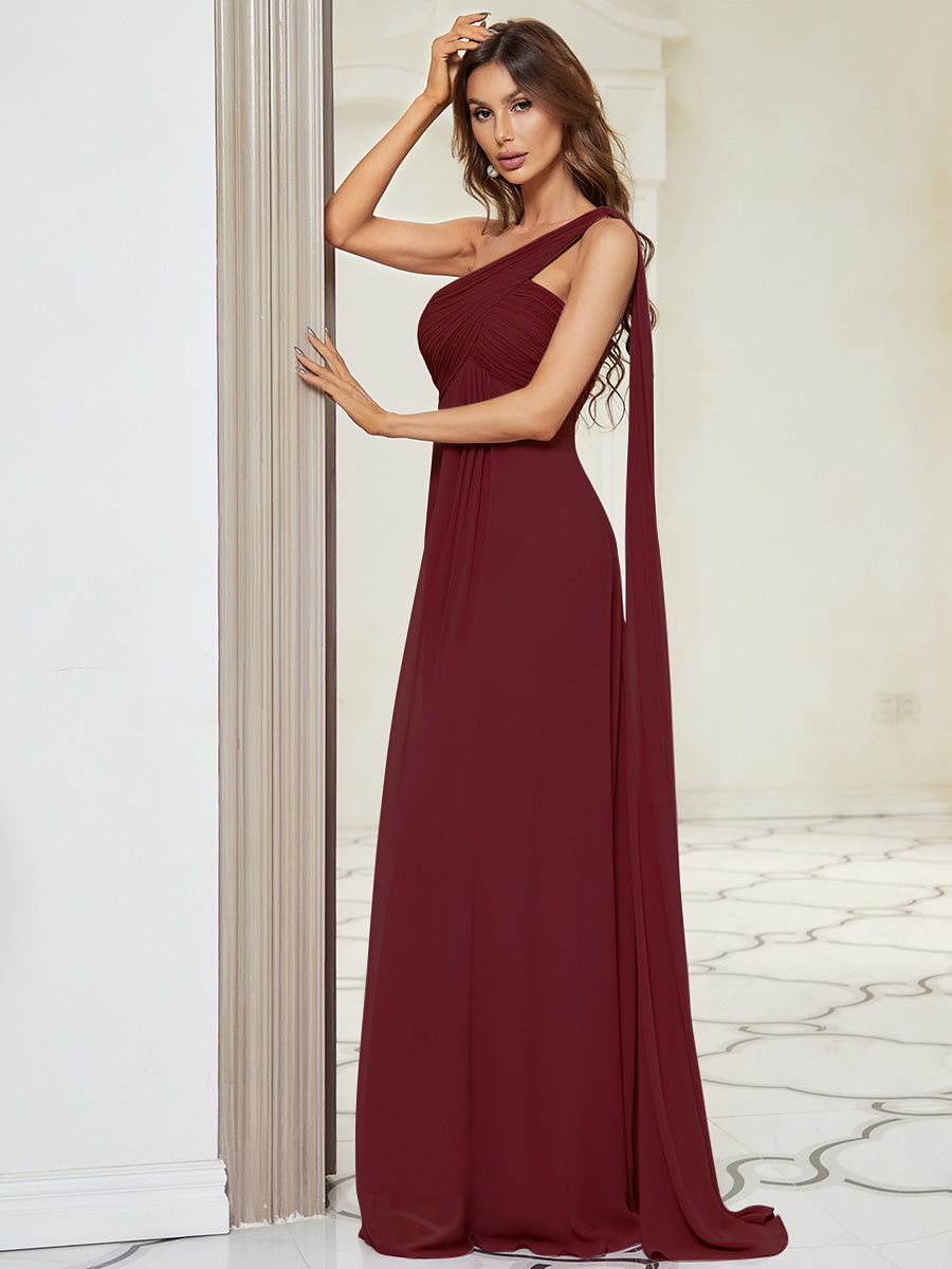 Robes de Soirée élégant Maxi Chiffon avec Une épaule pour Femmes #Couleur_Bordeaux