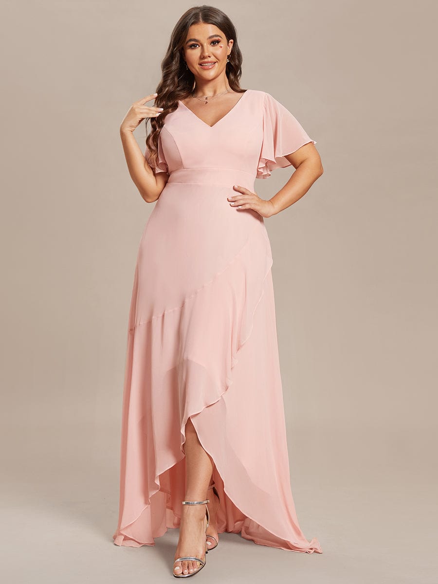 Robe demoiselle d'honneur mousseline élégante Manches lotus grande taille #Couleur_Rose