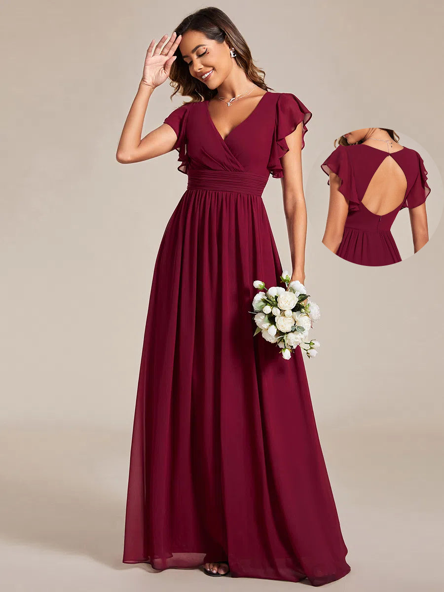 Robe de demoiselle d'honneur drapée au dos avec décolleté en cœur #Couleur_Bordeaux